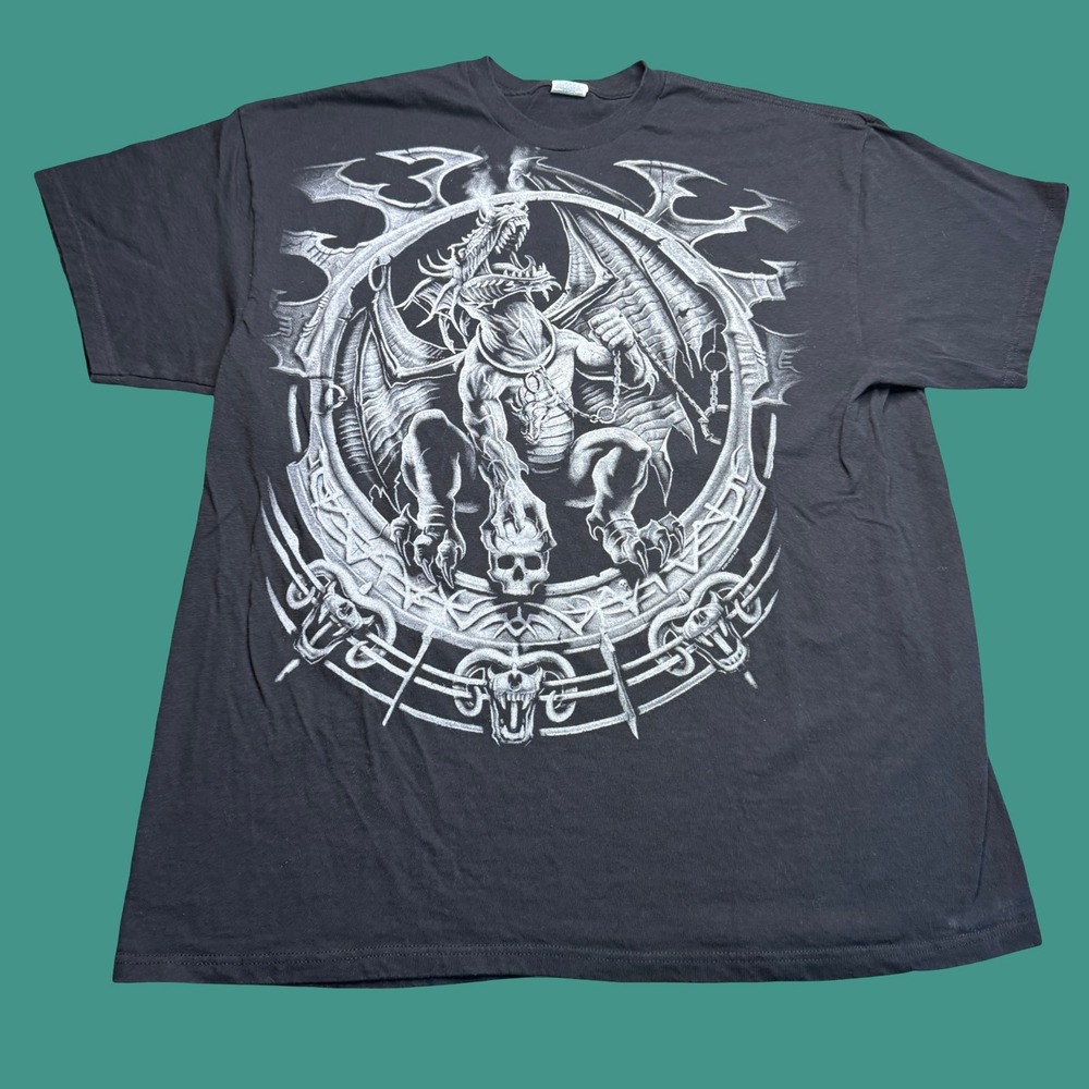 Dragon T Shirt Mens 2XL Black Gothic Fantasy Skull Chains Graphic Y2K